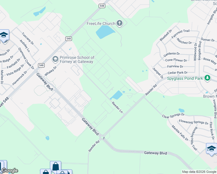 map of restaurants, bars, coffee shops, grocery stores, and more near 11034 Reeder Lane in Forney