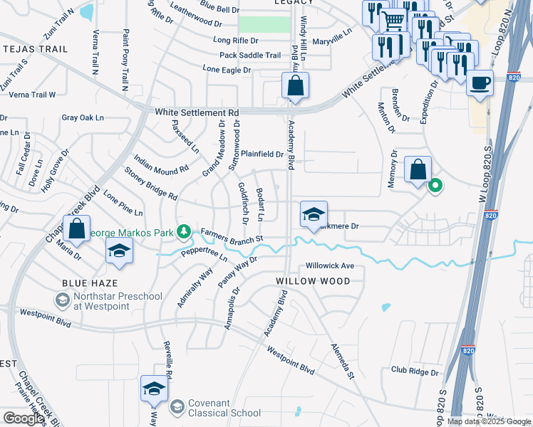 map of restaurants, bars, coffee shops, grocery stores, and more near 409 Bodart Lane in Fort Worth