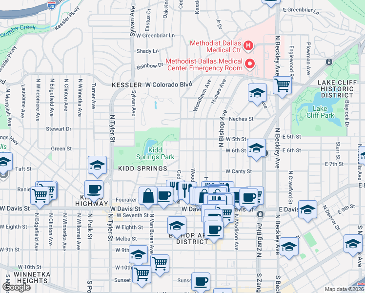 map of restaurants, bars, coffee shops, grocery stores, and more near 906 Cedar Hill Avenue in Dallas