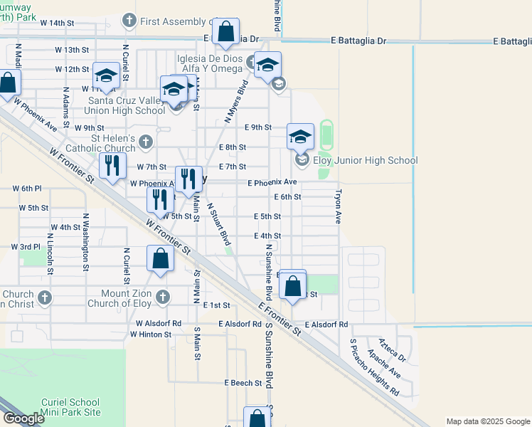 map of restaurants, bars, coffee shops, grocery stores, and more near 500 North Sunshine Boulevard in Eloy