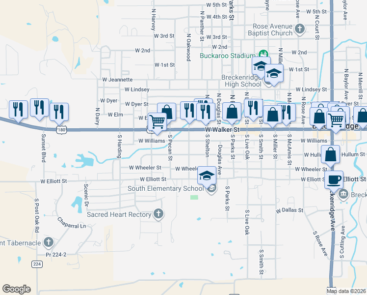 map of restaurants, bars, coffee shops, grocery stores, and more near 1108 West Hullum in Breckenridge
