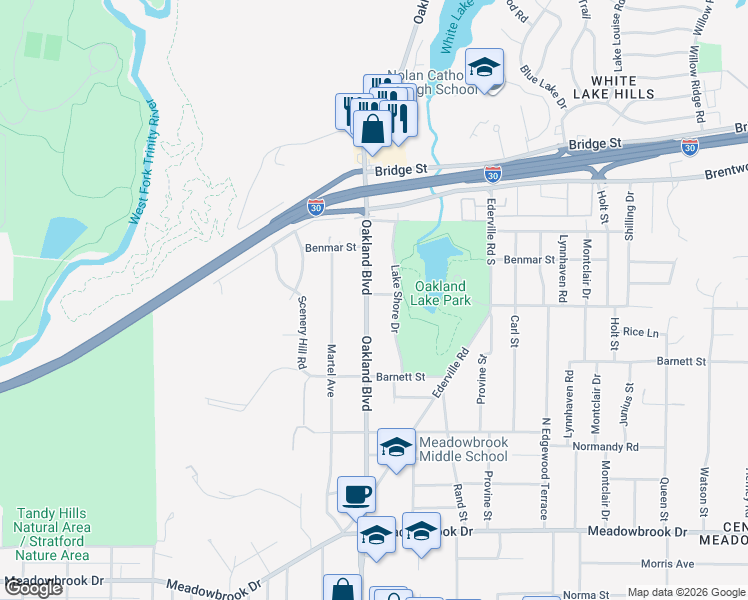 map of restaurants, bars, coffee shops, grocery stores, and more near 1701 Oakland Boulevard in Fort Worth