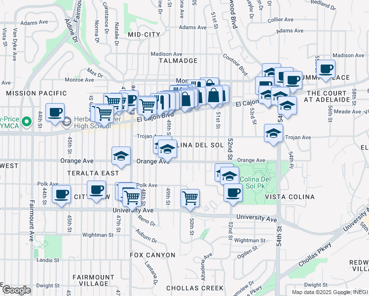 map of restaurants, bars, coffee shops, grocery stores, and more near in San Diego