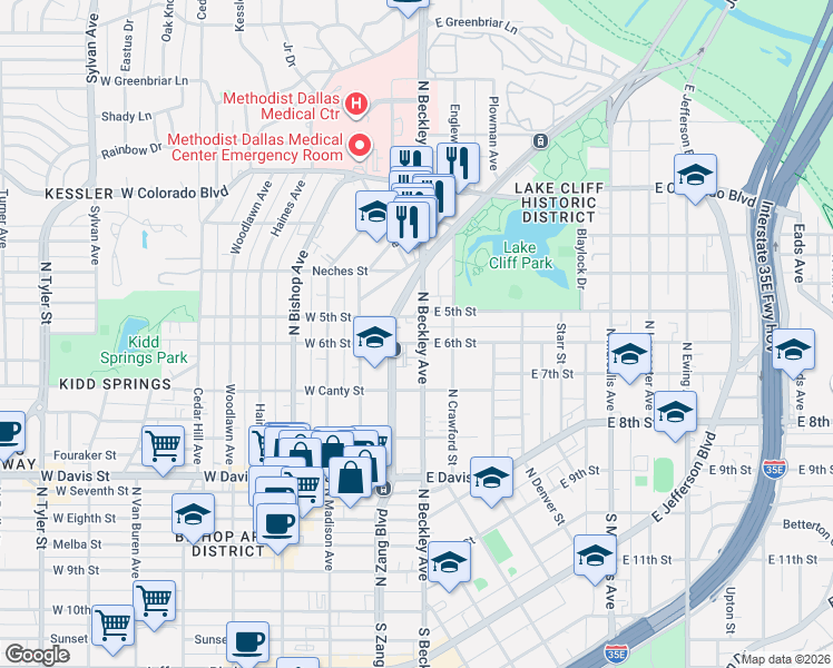 map of restaurants, bars, coffee shops, grocery stores, and more near 907 North Beckley Avenue in Dallas