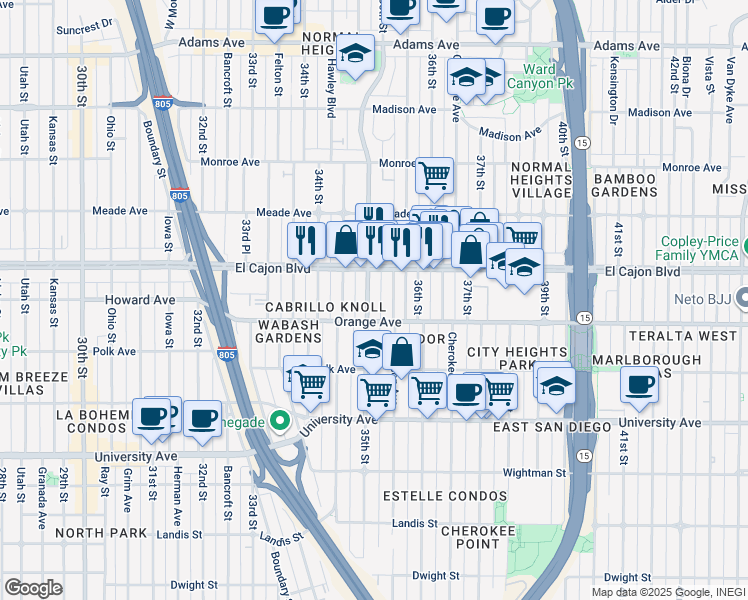 map of restaurants, bars, coffee shops, grocery stores, and more near 4239 35th Street in San Diego