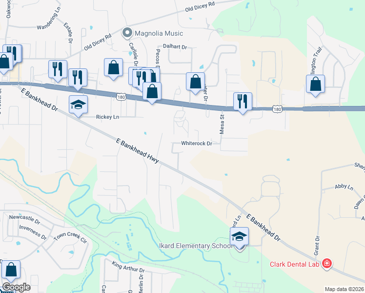 map of restaurants, bars, coffee shops, grocery stores, and more near 1632 Whiterock Drive in Weatherford