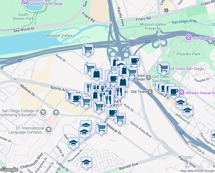 map of restaurants, bars, coffee shops, grocery stores, and more near 3776 Riley Street in San Diego