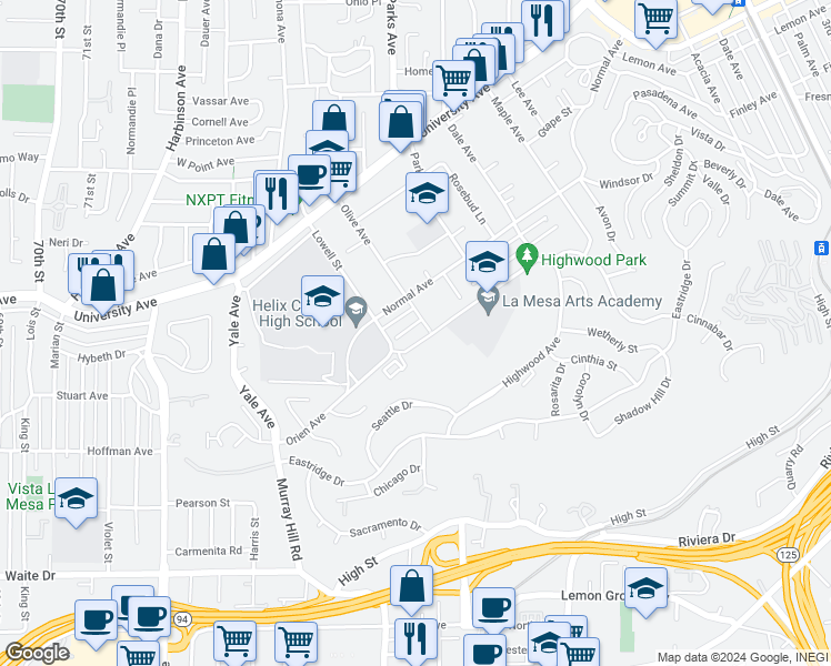 map of restaurants, bars, coffee shops, grocery stores, and more near 7571 Orien Avenue in La Mesa