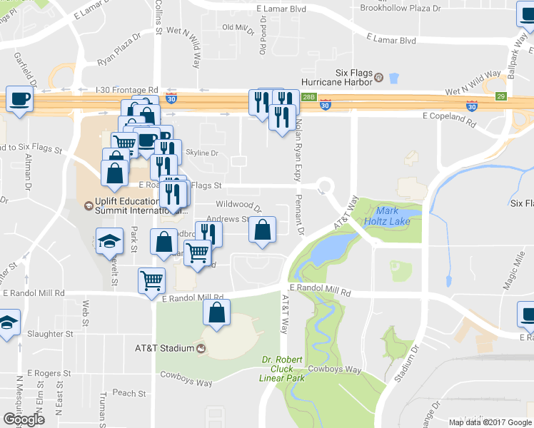 map of restaurants, bars, coffee shops, grocery stores, and more near 1309 Wildwood Drive in Arlington