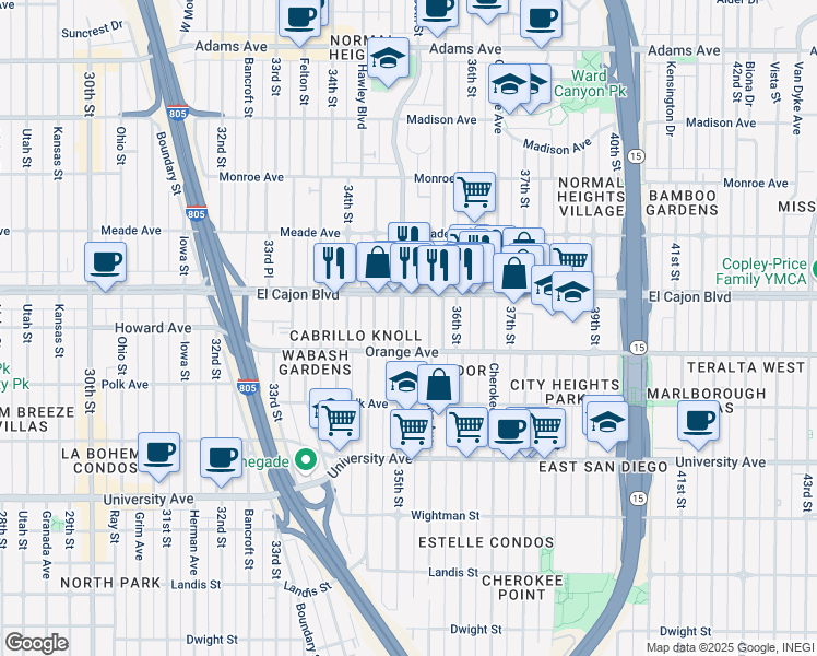 map of restaurants, bars, coffee shops, grocery stores, and more near 4239 35th Street in San Diego