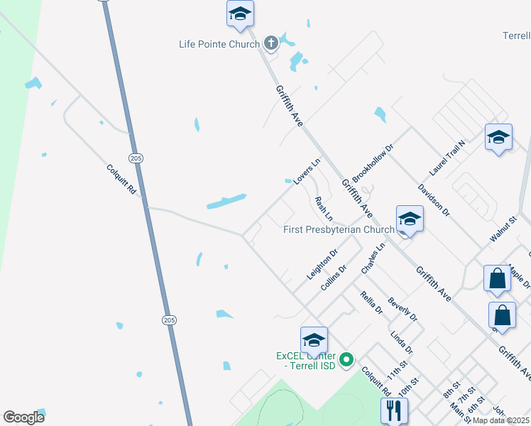 map of restaurants, bars, coffee shops, grocery stores, and more near 103 Lovers Lane in Terrell