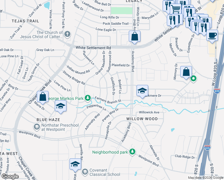 map of restaurants, bars, coffee shops, grocery stores, and more near 404 Goldfinch Drive in Fort Worth