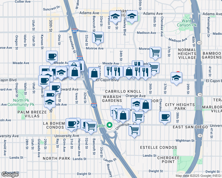 map of restaurants, bars, coffee shops, grocery stores, and more near 4240 Felton Street in San Diego