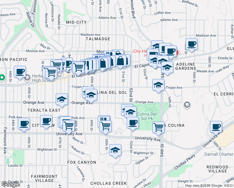 map of restaurants, bars, coffee shops, grocery stores, and more near 4253 Altadena Avenue in San Diego