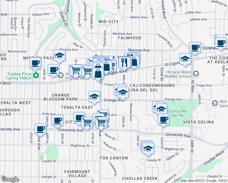 map of restaurants, bars, coffee shops, grocery stores, and more near 4245 Estrella Avenue in San Diego
