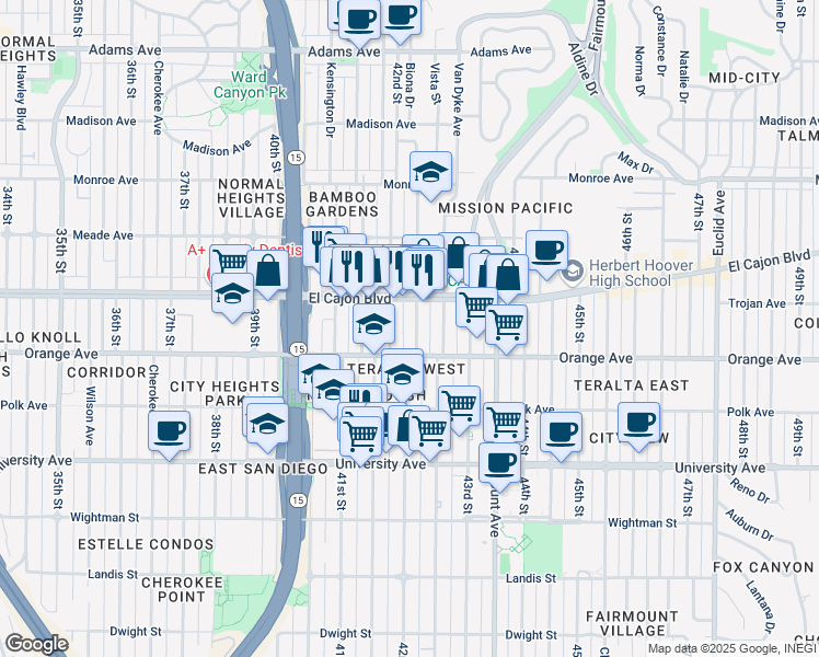 map of restaurants, bars, coffee shops, grocery stores, and more near 4204 Orange Avenue in San Diego