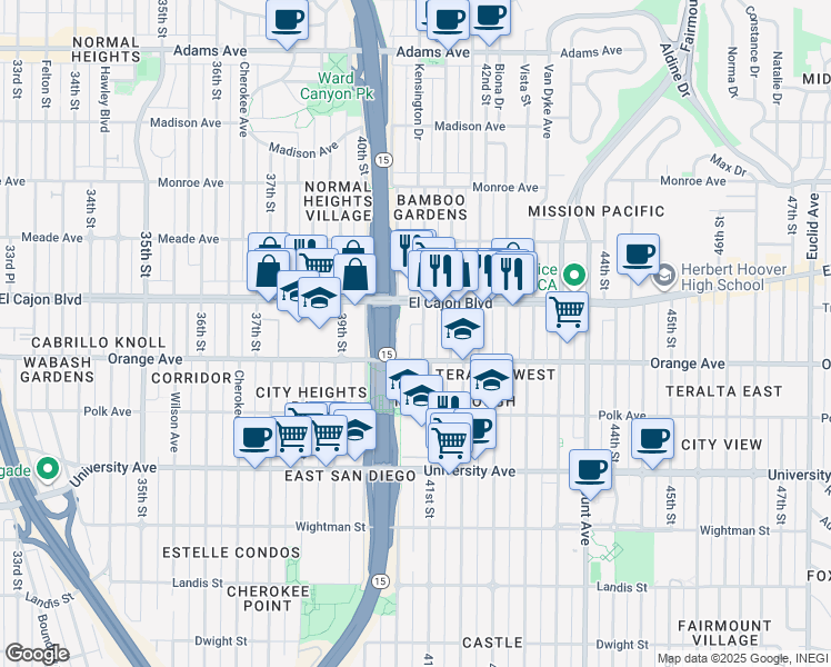 map of restaurants, bars, coffee shops, grocery stores, and more near 4235 Central Avenue in San Diego