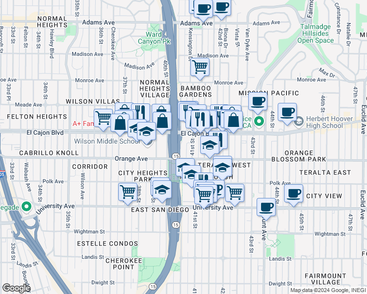map of restaurants, bars, coffee shops, grocery stores, and more near 4235 Central Avenue in San Diego
