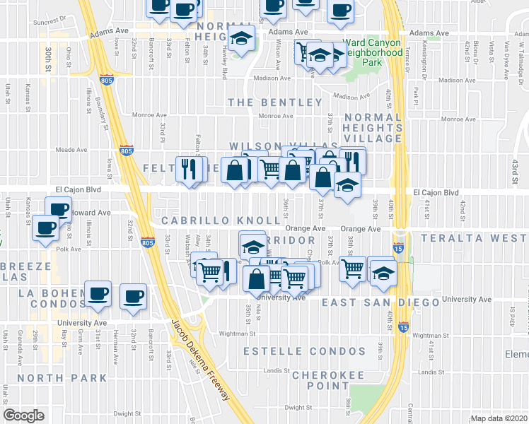 map of restaurants, bars, coffee shops, grocery stores, and more near 4234 Wilson Avenue in San Diego