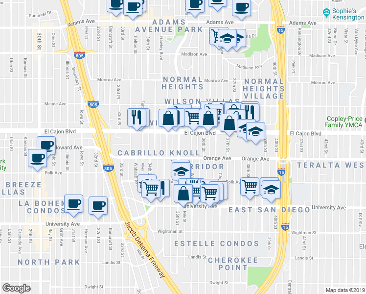 map of restaurants, bars, coffee shops, grocery stores, and more near 4234 Wilson Avenue in San Diego