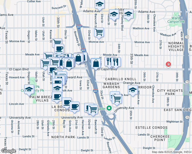 map of restaurants, bars, coffee shops, grocery stores, and more near 3253 Bramson Place in San Diego