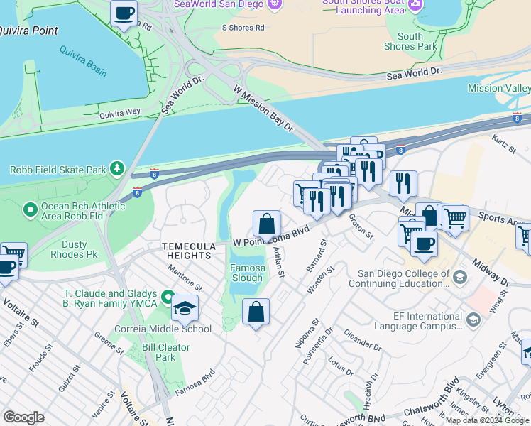 map of restaurants, bars, coffee shops, grocery stores, and more near 3011 Orleans East in San Diego
