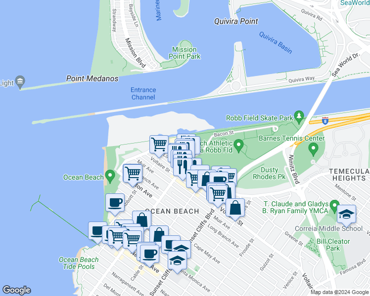 map of restaurants, bars, coffee shops, grocery stores, and more near 5042 West Point Loma Boulevard in San Diego