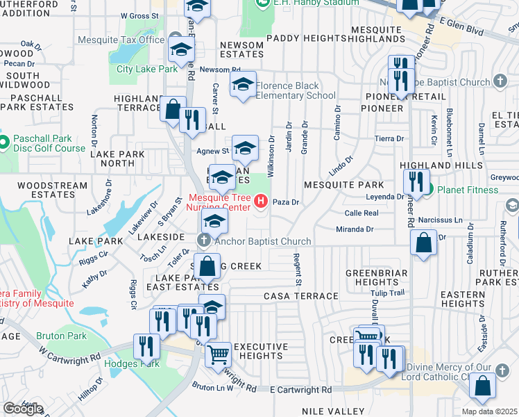 map of restaurants, bars, coffee shops, grocery stores, and more near 434 Paza Drive in Mesquite