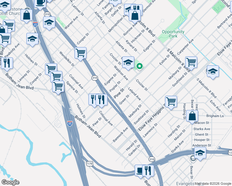 map of restaurants, bars, coffee shops, grocery stores, and more near 2230 Pine Street in Dallas