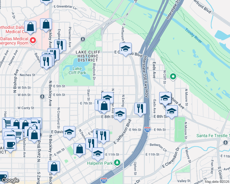 map of restaurants, bars, coffee shops, grocery stores, and more near 625 East 6th Street in Dallas