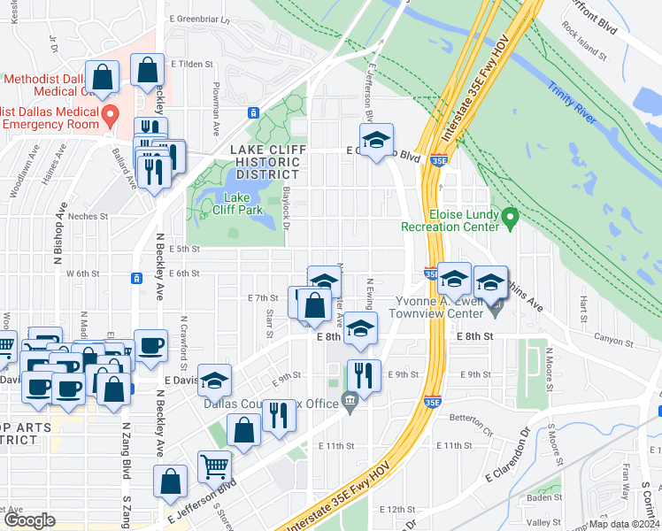 map of restaurants, bars, coffee shops, grocery stores, and more near 625 East 6th Street in Dallas