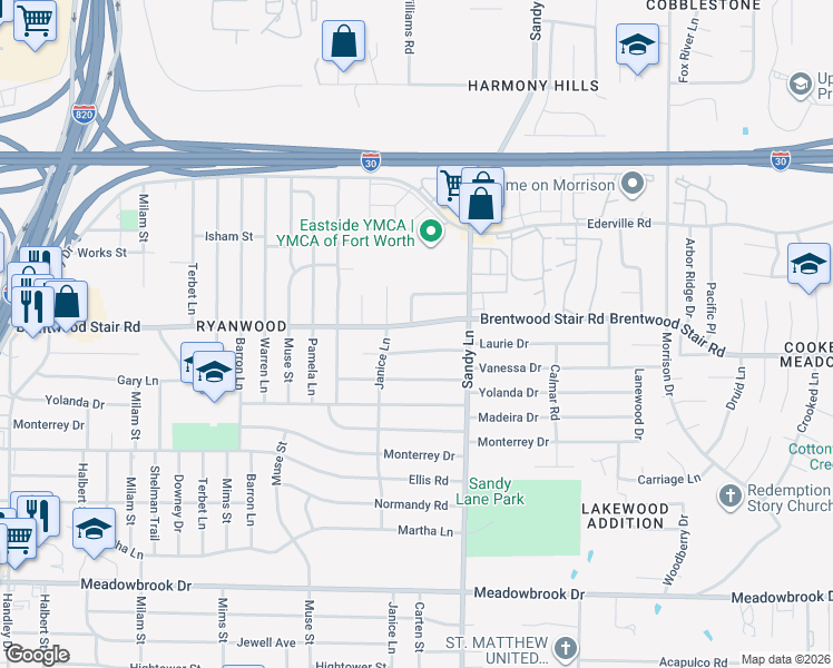 map of restaurants, bars, coffee shops, grocery stores, and more near 7329 Laurie Drive in Fort Worth