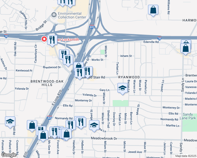 map of restaurants, bars, coffee shops, grocery stores, and more near 6814 Brentwood Stair Road in Fort Worth