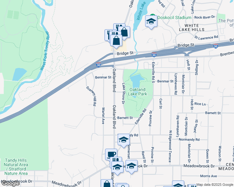 map of restaurants, bars, coffee shops, grocery stores, and more near 1701 Oakland Boulevard in Fort Worth