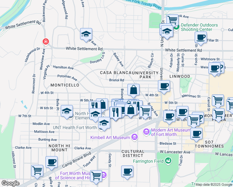 map of restaurants, bars, coffee shops, grocery stores, and more near 3429 West 4th Street in Fort Worth