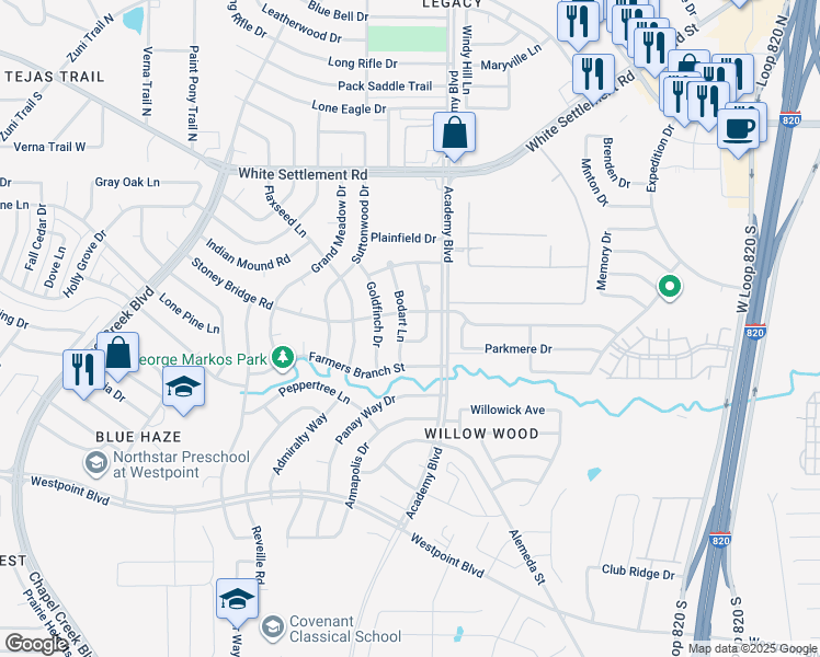 map of restaurants, bars, coffee shops, grocery stores, and more near 409 Bodart Lane in Fort Worth