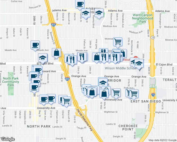 map of restaurants, bars, coffee shops, grocery stores, and more near 4242 34th Street in San Diego