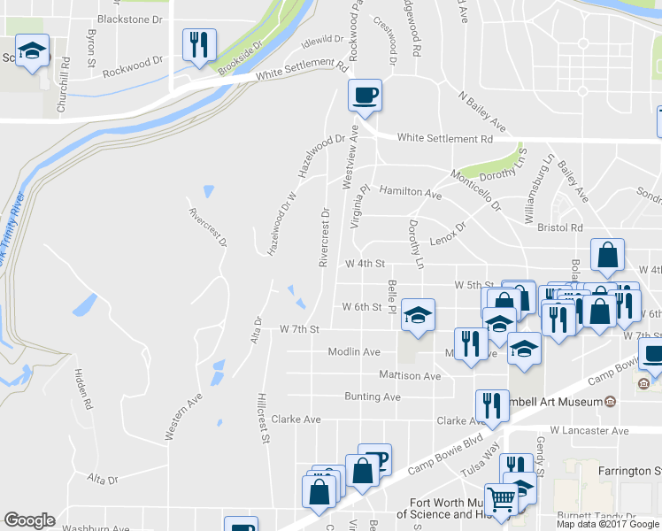 map of restaurants, bars, coffee shops, grocery stores, and more near 501 Rivercrest Drive in Fort Worth