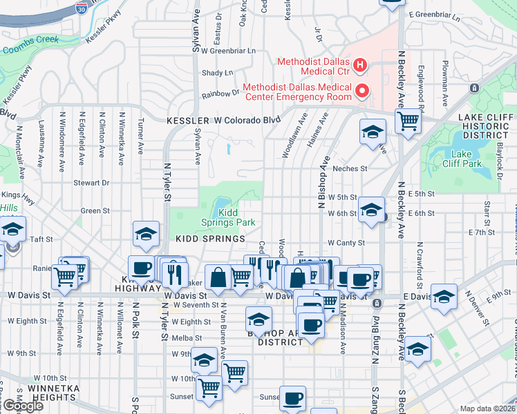 map of restaurants, bars, coffee shops, grocery stores, and more near 661 Bishop Heights Lane in Dallas