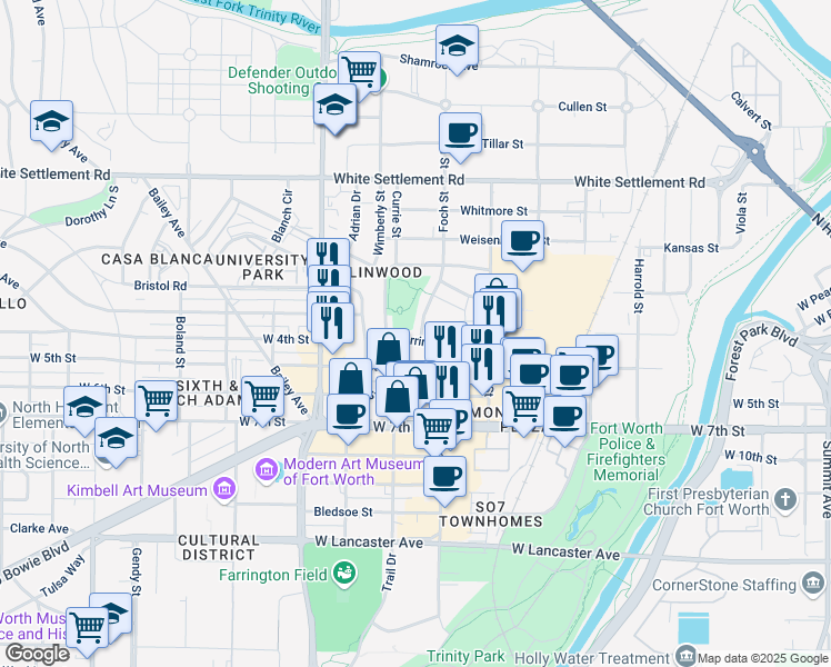 map of restaurants, bars, coffee shops, grocery stores, and more near 2800 Merrimac Street in Fort Worth