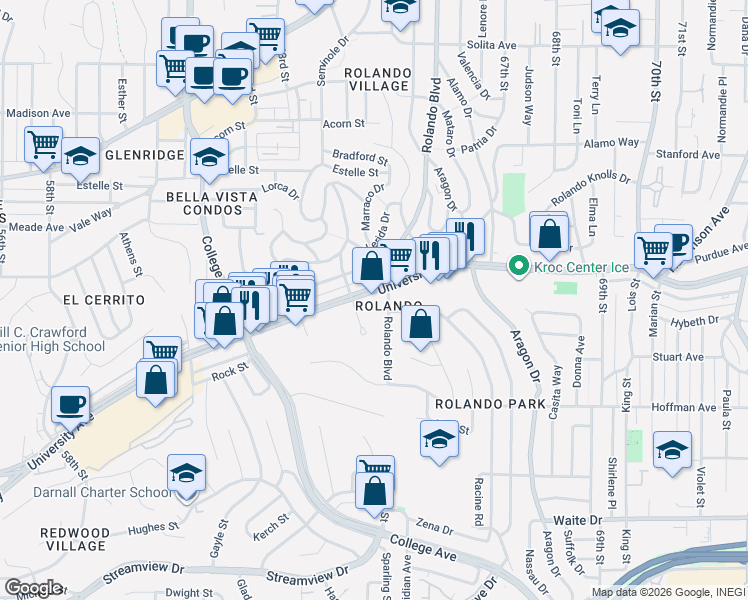map of restaurants, bars, coffee shops, grocery stores, and more near 6331 University Avenue in San Diego