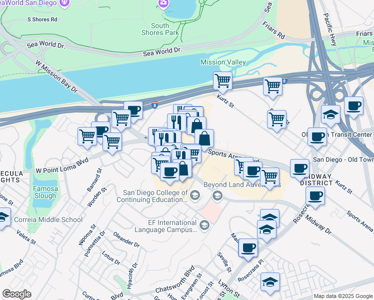 map of restaurants, bars, coffee shops, grocery stores, and more near 3711 Sports Arena Boulevard in San Diego