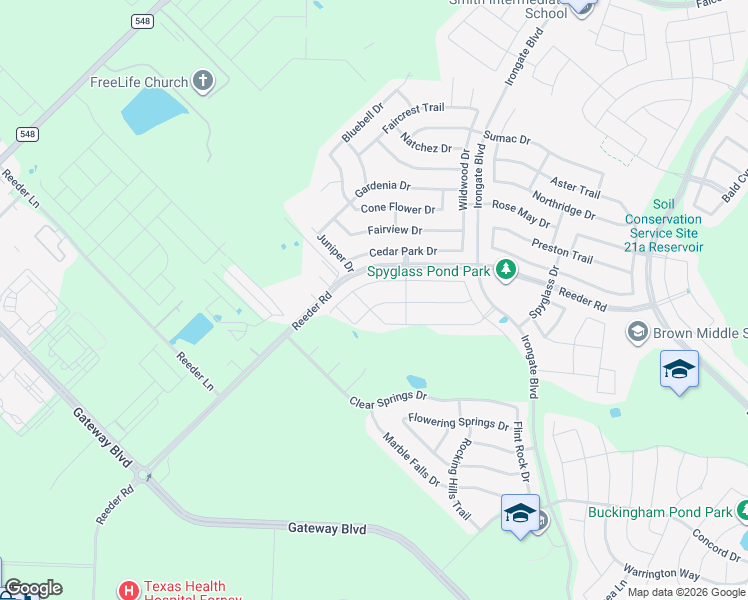 map of restaurants, bars, coffee shops, grocery stores, and more near 4245 Calla Drive in Forney