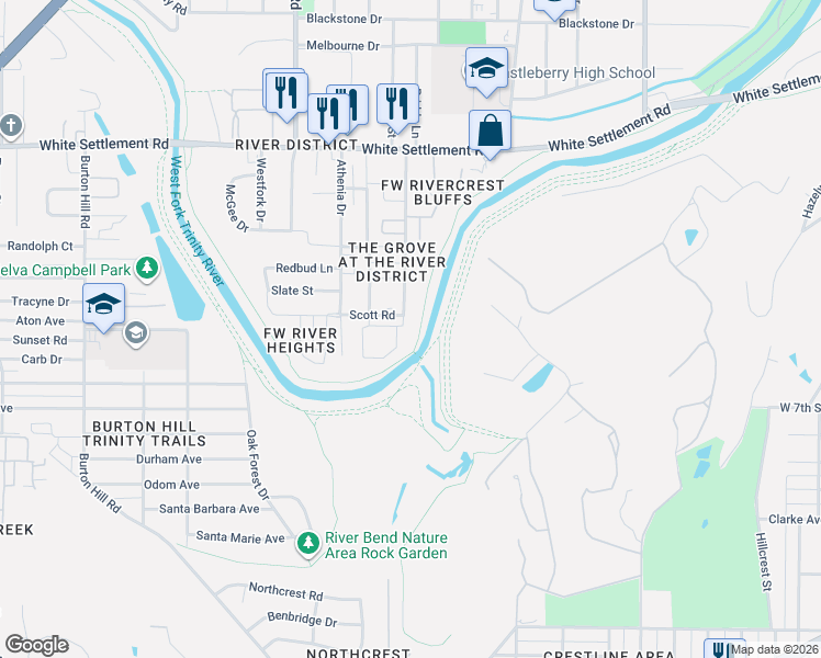 map of restaurants, bars, coffee shops, grocery stores, and more near 501 Nursery Lane in Fort Worth