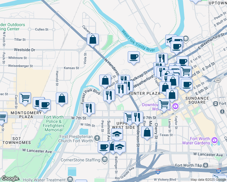 map of restaurants, bars, coffee shops, grocery stores, and more near 1021 West Belknap Street in Fort Worth