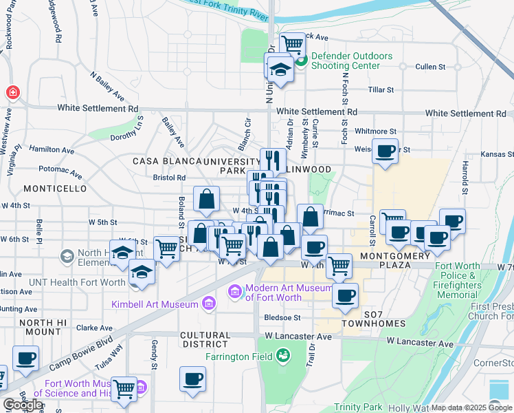 map of restaurants, bars, coffee shops, grocery stores, and more near 3112 West 4th Street in Fort Worth