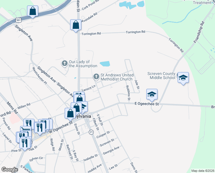 map of restaurants, bars, coffee shops, grocery stores, and more near 206 Abram Street in Sylvania