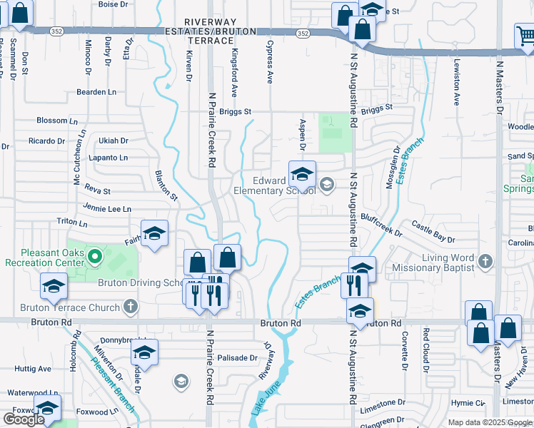 map of restaurants, bars, coffee shops, grocery stores, and more near 9421 Edgecreek Drive in Dallas