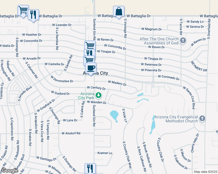 map of restaurants, bars, coffee shops, grocery stores, and more near 9422 West Century Drive in Arizona City