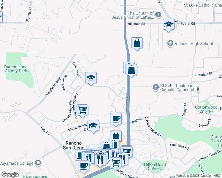 map of restaurants, bars, coffee shops, grocery stores, and more near 12269 Calle Albara in El Cajon